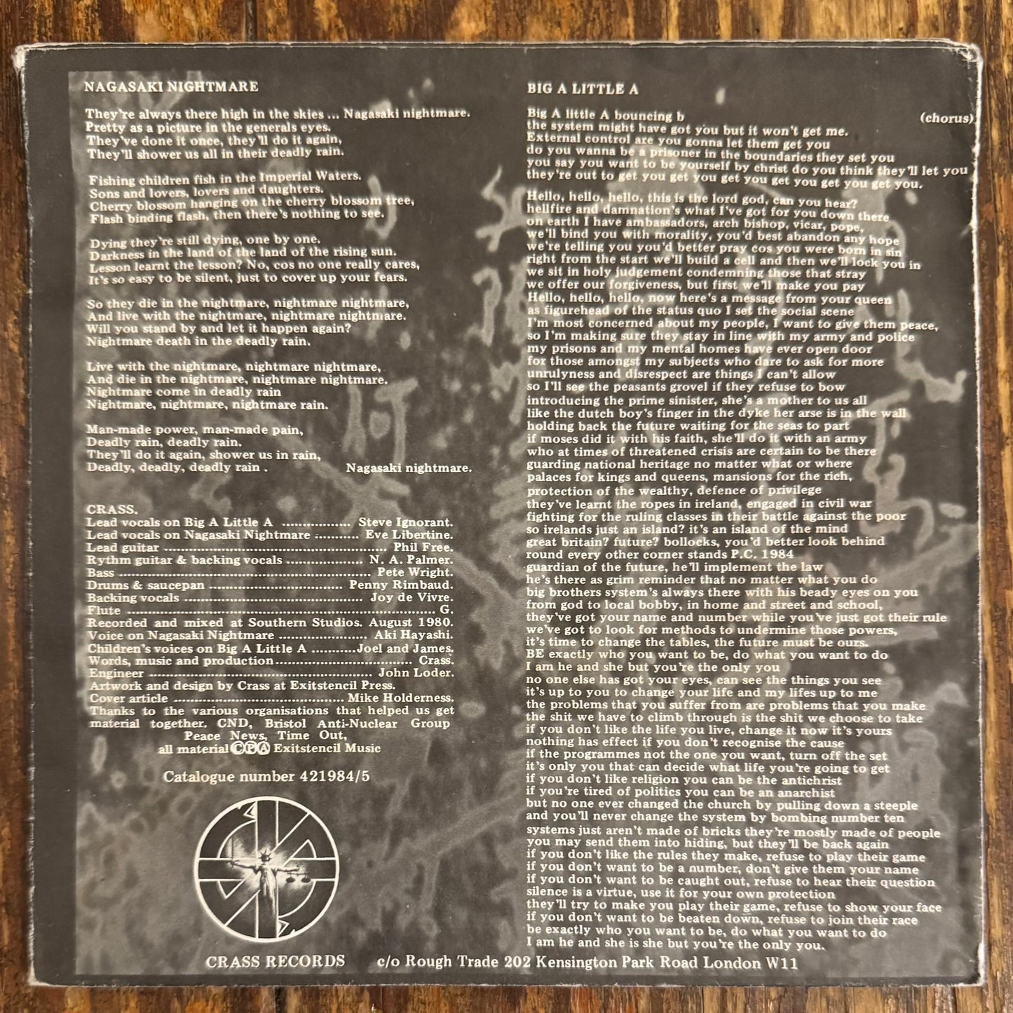 CRASS "Nagasaki Nightmare" b/w "Big A Little A"